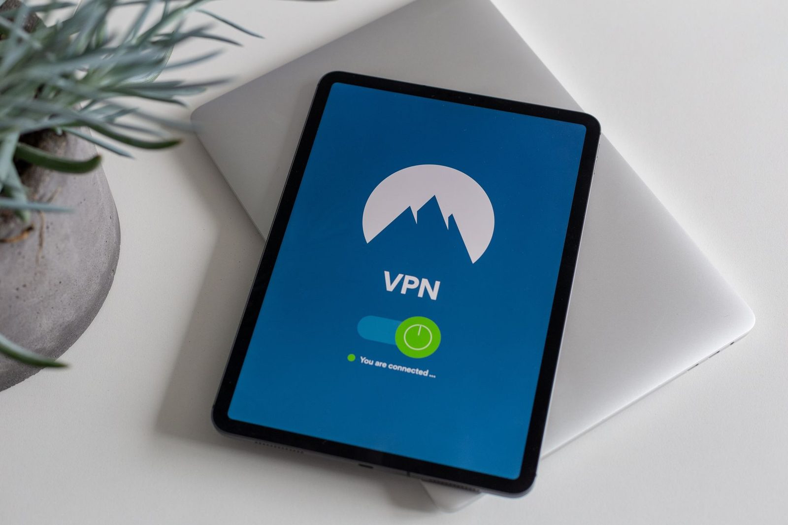 लैपटॉप पर रखा टैबलेट जिसमें कनेक्टेड VPN ऐप्लिकेशन दिख रहा है, बगल में एक हरा पौधा